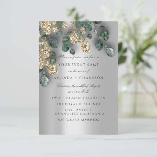 Invitation Feuillages d'eucalyptus paillettes argent or (Debout devant)