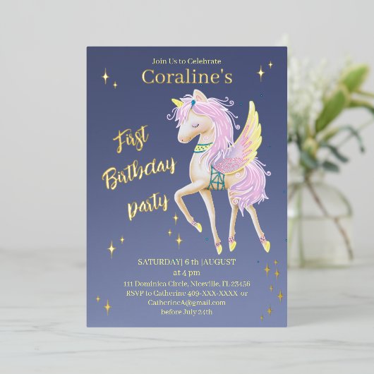 Invitation Feuille 1er anniversaire avec une licor (Debout devant)