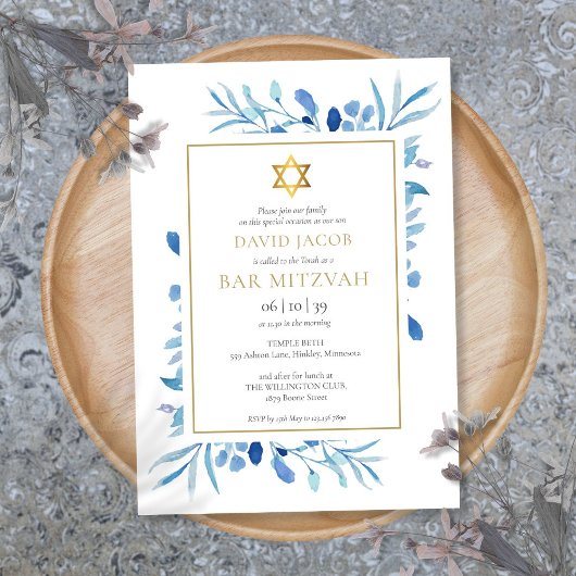 Invitation Feuille aquarelle bleue Bar Mitzvah Bat Mitzvah