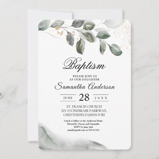 Invitation Feuille aquarelle de verdure douce | Poussière d'o (Devant)