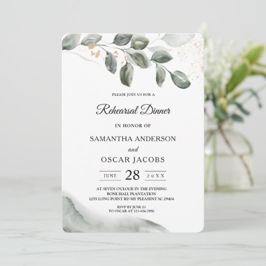 Invitation Feuille aquarelle de verdure douce | Poussière d'o (Debout devant)