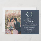 Invitation Feuille aquarelle monogramme photo marine bleu Mar (Devant)