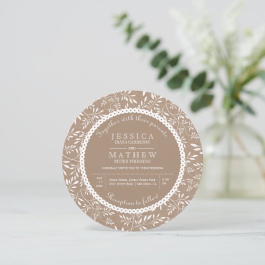 Invitation Feuille blanc motif kraft papier mariage rustique (Debout devant)