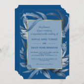 Invitation Feuille bleu moderne Mariage d'or géométrique (Devant / Derrière)