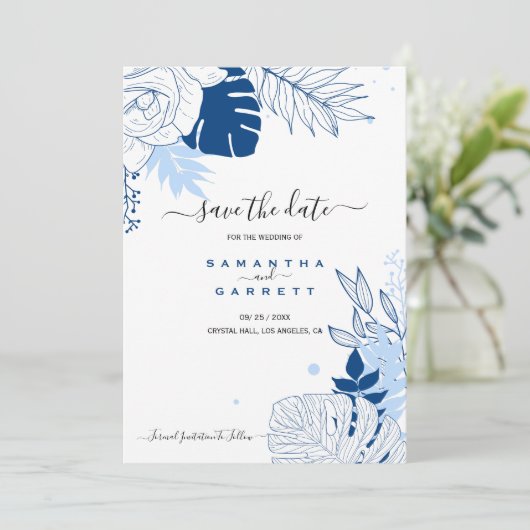 Invitation Feuille Bleue Et Blanche (Debout devant)