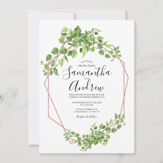 Invitation Feuille Bohème Aquarelle Élégante Rose Gold Végéta (Devant)