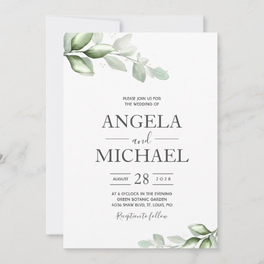 Invitation Feuille boho aquarelle élégant eucalyptus (Devant)