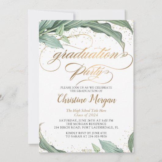 Invitation Feuille botanique Gold Script Graduation Party (Devant)