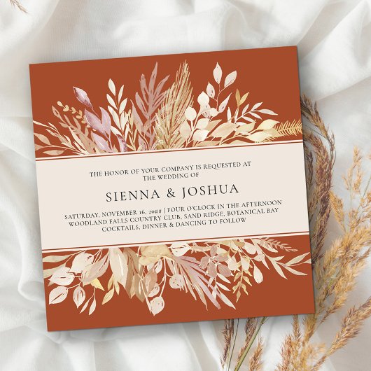 Invitation Feuille Botanique Terracotta Crème Carré Mariage
