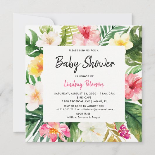 Invitation Feuille Carré  de couleur d'eau tropicale Baby sho (Devant)