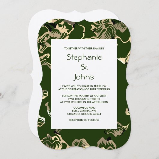 Invitation Feuille classique  vert foncé Mariage argent (Devant / Derrière)