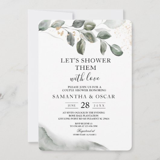 Invitation Feuille d'aquarelle verte douce | Poussière d'or (Devant)