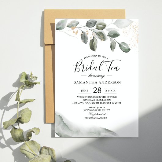 Invitation Feuille d'aquarelle verte douce | Poussière d'or