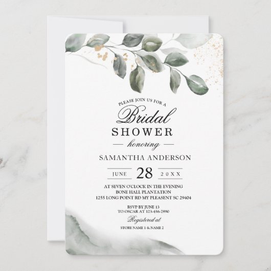 Invitation Feuille d'aquarelle verte douce | Poussière d'or (Devant)