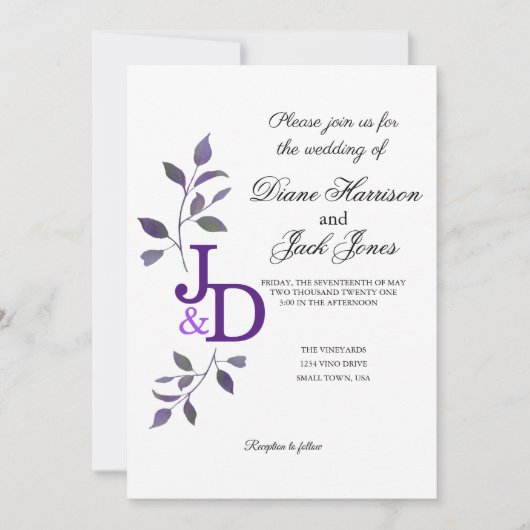 Invitation Feuille d'aquarelle violette Mariage (Devant)