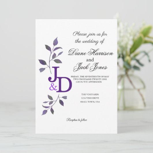 Invitation Feuille d'aquarelle violette Mariage (Debout devant)