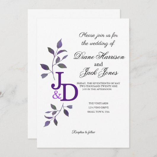 Invitation Feuille d'aquarelle violette Mariage (Devant / Derrière)