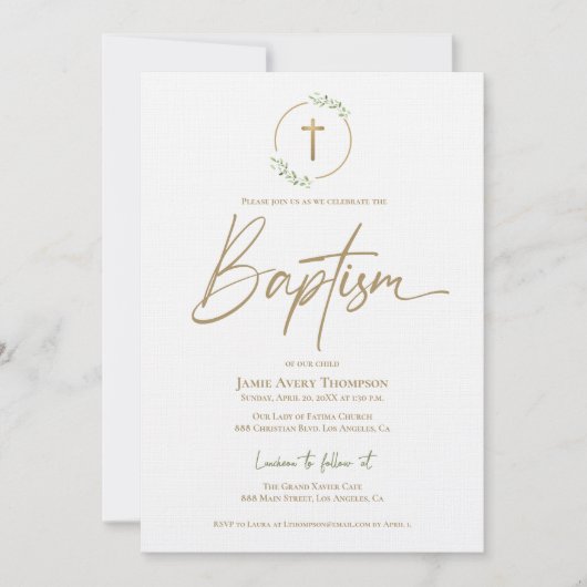 Invitation Feuille d'arc moderne Wreath Gold Croix dorée Bapt (Devant)