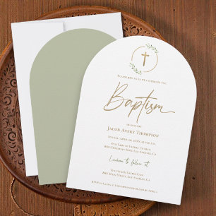 Invitation Feuille d'arc moderne Wreath Gold Croix dorée Bapt