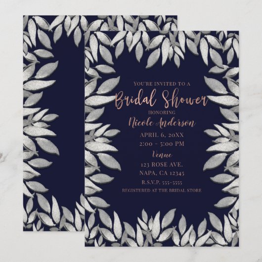 Invitation Feuille d'argent Botanique Glam bleu rose Mariage (Devant / Derrière)