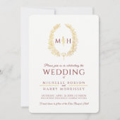 Invitation Feuille d'art de ligne ovale mariage bourgogne or  (Devant)