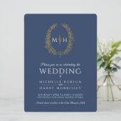 Invitation Feuille d'art ligne ovale mariage or bleu marine b (Debout devant)