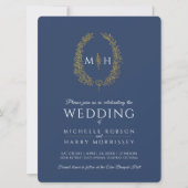 Invitation Feuille d'art ligne ovale mariage or bleu marine b (Devant)