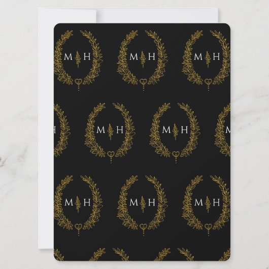 Invitation Feuille d'art ovale mariage noir et or sur blanc (Dos)