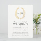 Invitation Feuille d'art ovale mariage noir et or sur blanc (Debout devant)