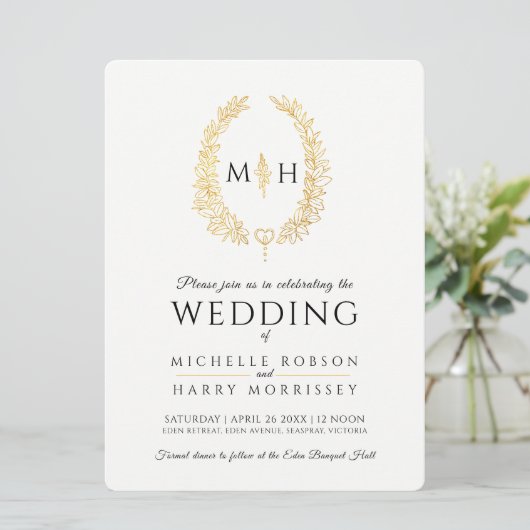 Invitation Feuille d'art ovale mariage noir et or sur blanc (Debout devant)