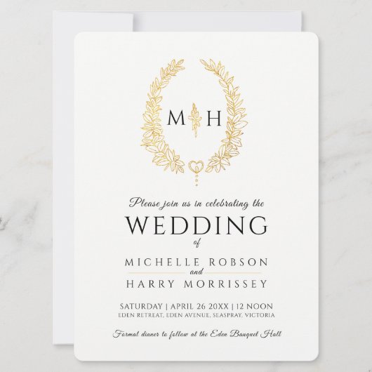 Invitation Feuille d'art ovale mariage noir et or sur blanc (Devant)