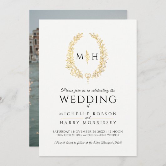 Invitation Feuille d'art ovale mariage noir et or sur blanc (Devant / Derrière)