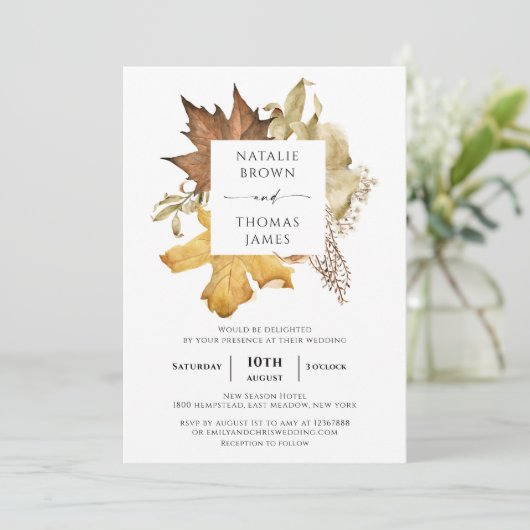 Invitation Feuille d'automne | Elégant Mariage de automne aqu (Debout devant)