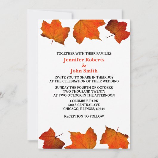 Invitation Feuille d'automne rustique brûlé Mariage blanc d'é (Devant)