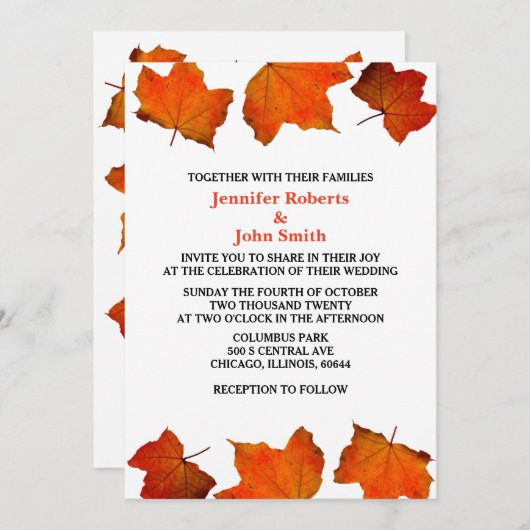 Invitation Feuille d'automne rustique brûlé Mariage blanc d'é (Devant / Derrière)