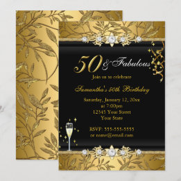 Invitation Feuille de bijou d'or 50 Anniversaire fabuleux Noi