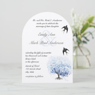 Invitation Feuille de coeur Poudre Douce Bleu Arbre Oiseau Vi