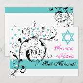 Invitation Feuille de défilement noir, blanc, aqua & Étoile d (Devant / Derrière)