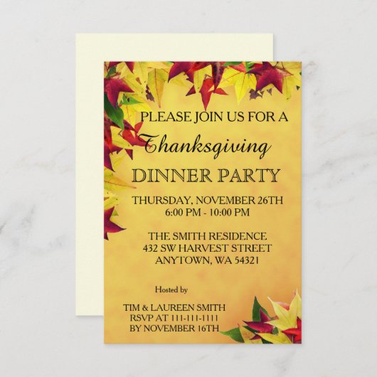 Invitation Feuille de dîner de thanksgiving d'automne (Devant / Derrière)