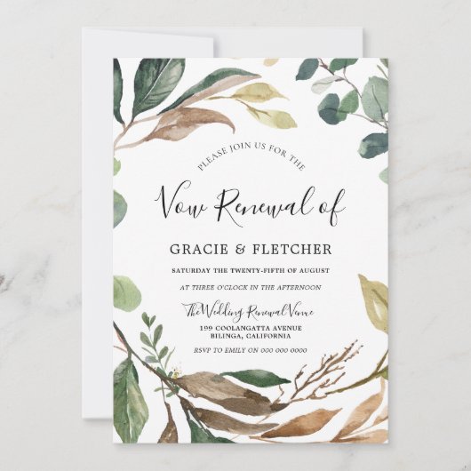 Invitation Feuille de jardin Wreath Élégant mariage Vow renou (Devant)