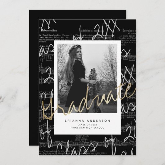 Invitation Feuille de musique Script Black Photo Drive-by Gra (Devant / Derrière)