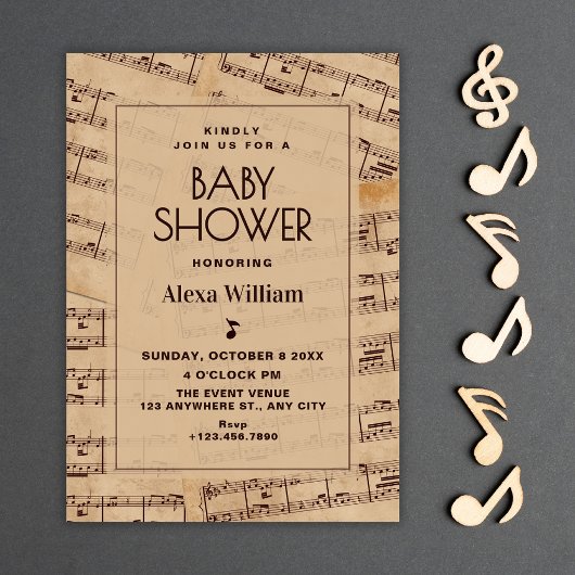 Invitation Feuille de notes de musique classique bébé shower