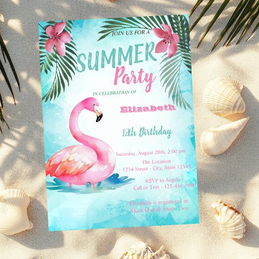 Invitation Feuille de palme, Flamants roses roses Anniversair