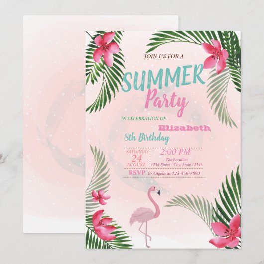 Invitation Feuille de palme, Fleurs, Flamant rose fête d'anni (Devant / Derrière)