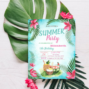 Invitation Feuille de palme, Fleurs tropicales, Fruits Annive
