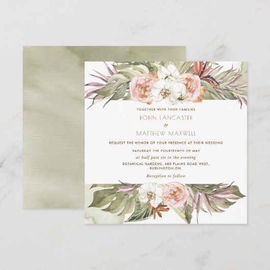 Invitation Feuille de palme florale tropicale, Mariage Carré  (Devant / Derrière)