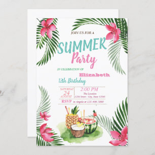 Invitation Feuille de palme, Fruits tropicaux, Fleurs Anniver