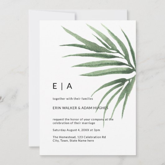 Invitation Feuille de palme tropicale Vert minimaliste (Devant)