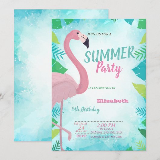 Invitation Feuille de Palmier, Flamant Rose, Fête d'anniversa (Devant / Derrière)