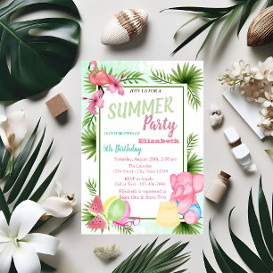 Invitation Feuille de palmier, Fleurs,Flamant rose,Anniversai